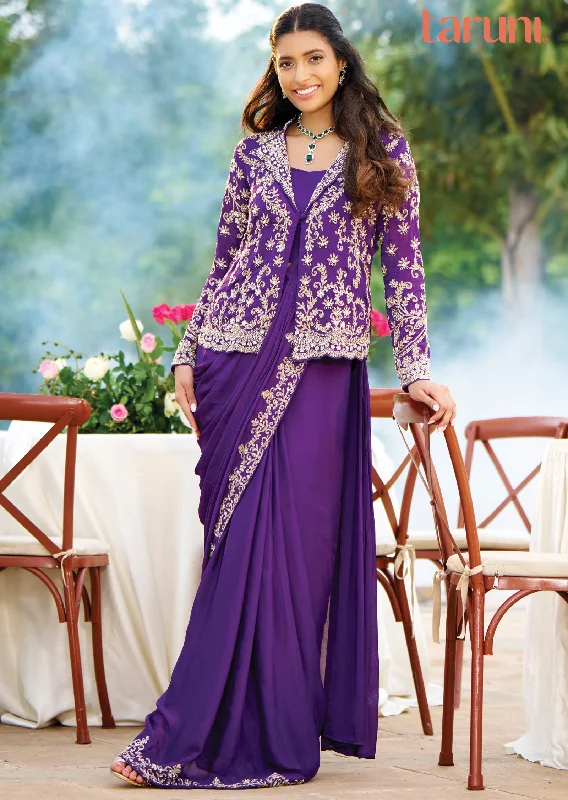 Purple Chinnon Pre-Draped Saree with Full-Sleeve Jacket Ribbed Jacket Pleated Jacket Ruffled Jacket Purple Chinnon Pre-Draped Saree with Full-Sleeve Jacket Ribbed Jacket Pleated Jacket Ruffled Jacket