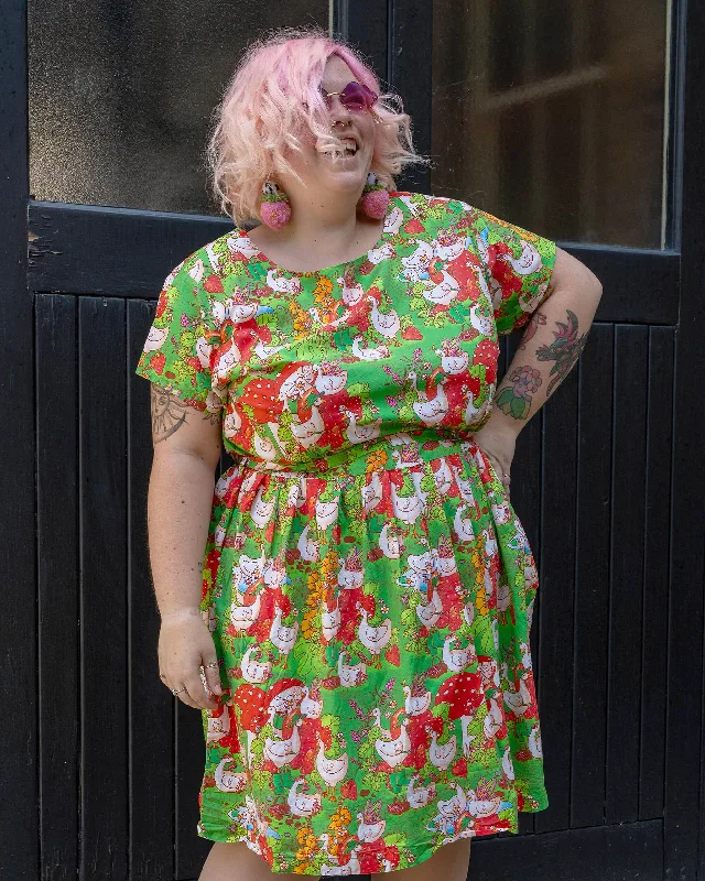 Run & Fly x The Mushroom Babes In The Geese Garden Stretch Belted Tea Dress with Pockets Tunics Trousers formal Run & Fly x The Mushroom Babes In The Geese Garden Stretch Belted Tea Dress with Pockets Tunics Trousers formal