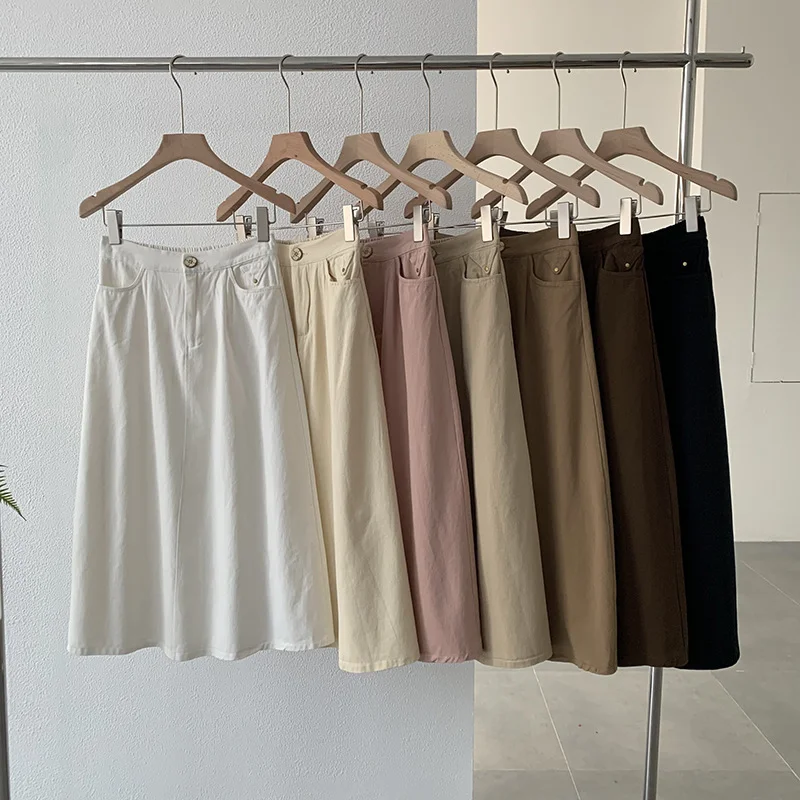 Women Summer Washed Coconut Buckle Basic Solid Color Semi-Elastic High Waist A-Line Skirt wool skirt warm Women Summer Washed Coconut Buckle Basic Solid Color Semi-Elastic High Waist A-Line Skirt wool skirt warm