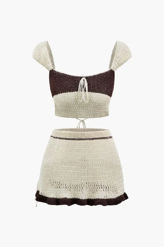Color Block Tie Back Knit Crop Top And Mini Skirt Set Thin Crop Top Open Front Quick Dry