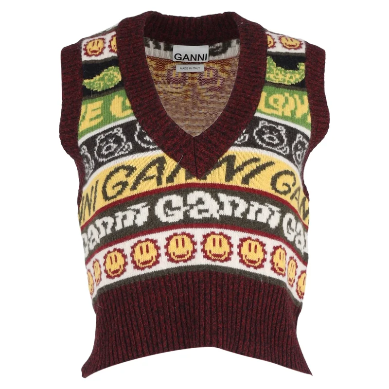 Ganni Smiley Face Sweater Waistcoat In Multicolor Recycled Wool Sweater Knitwear Pullover Ganni Smiley Face Sweater Waistcoat In Multicolor Recycled Wool Sweater Knitwear Pullover