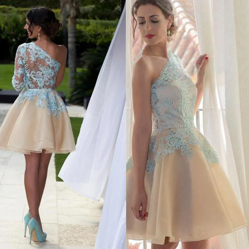 A Line One Shoulder Sleeve Short Chiffon Homecoming Dresses,Cute Junior Homecoming Dresses,220015 Tunics Sophisticated sleek