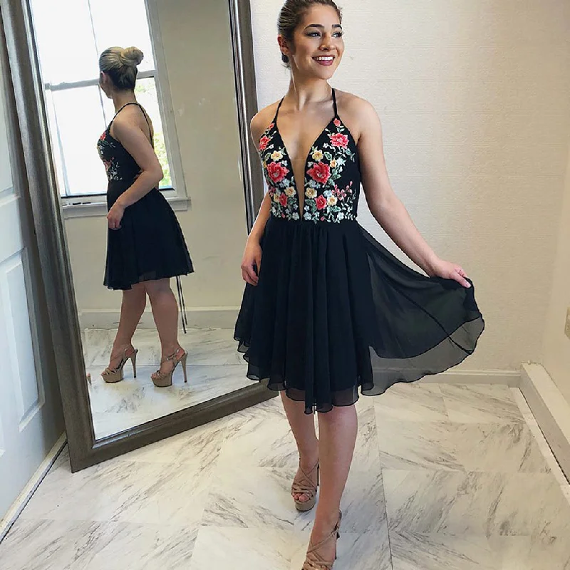 Spaghetti Straps Black Homecoming Dress, A-Line Chiffon Backless Embroidery Homecoming Dress, D1249 empire Waist empire Spaghetti Straps Black Homecoming Dress, A-Line Chiffon Backless Embroidery Homecoming Dress, D1249 empire Waist empire