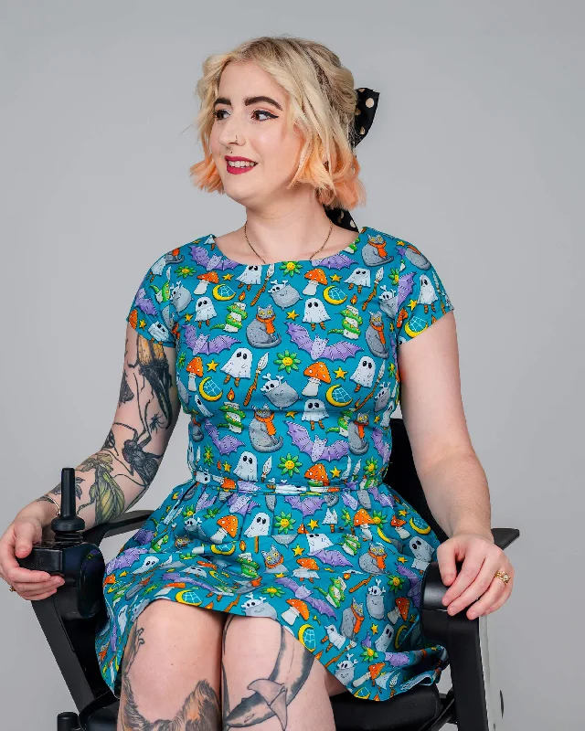 Halloween: Cauldron Cats Teal Stretch Belted Tea Dress with Pockets Pencil Office Professional Halloween: Cauldron Cats Teal Stretch Belted Tea Dress with Pockets Pencil Office Professional