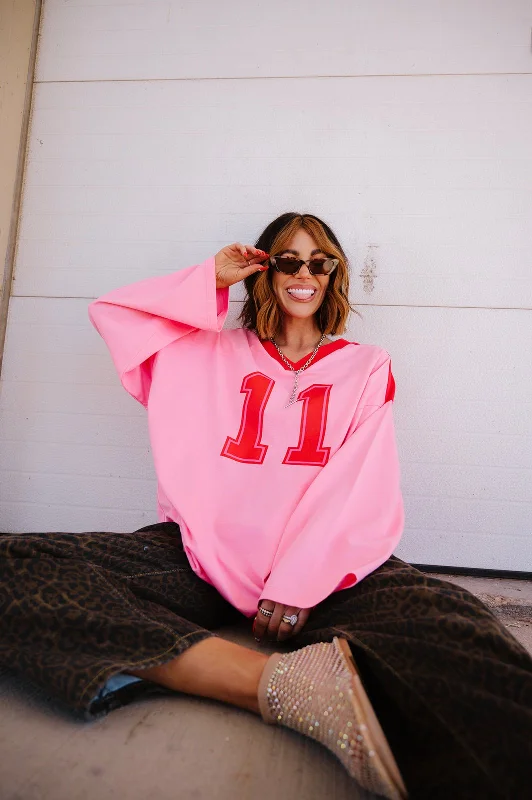 Lucky Oversized Jersey Tee in Red + Pink Autumn Jersey Shirt