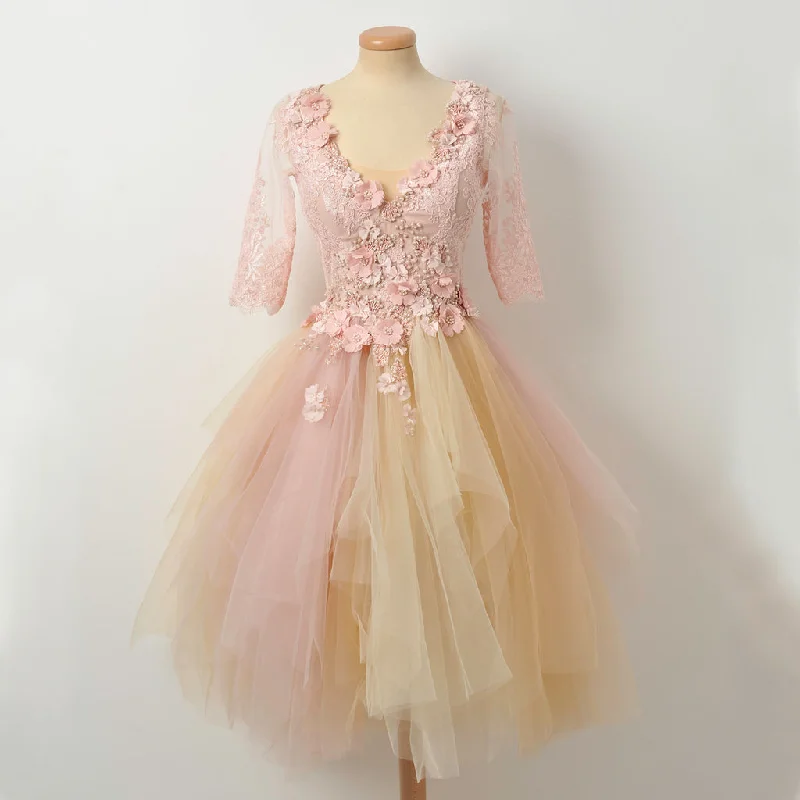 Pink A-Line Beaded Homecoming Dress, Short Sleeve Applique Tulle Homecoming Dress, D1316 Tunics Cozy comfortable Pink A-Line Beaded Homecoming Dress, Short Sleeve Applique Tulle Homecoming Dress, D1316 Tunics Cozy comfortable