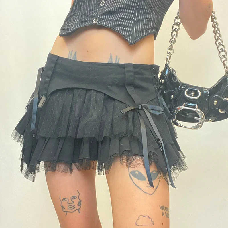 Women'S Fashion Gothic Sexy Mesh Tiered Bowknot Low Waist Pleated Skirt wrap skirt elegant Women'S Fashion Gothic Sexy Mesh Tiered Bowknot Low Waist Pleated Skirt wrap skirt elegant