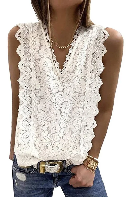 UNISHE - Lace Crochet V Neck Textured Tank Top Medium boho tank top