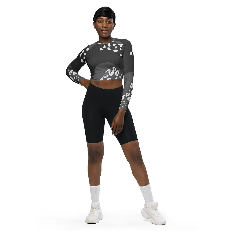 Dark Grey Spotted Clouds Recycled Long-Sleeve Crop Top Satin Fabric Silk Fabric Chiffon Fabric Dark Grey Spotted Clouds Recycled Long-Sleeve Crop Top Satin Fabric Silk Fabric Chiffon Fabric