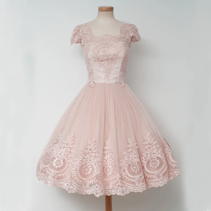 Cap Sleeve Pink Lace Homecoming Dress, Tulle A-Line Backless Homecoming Dress, D1318 Tunics Sophisticated sleek Cap Sleeve Pink Lace Homecoming Dress, Tulle A-Line Backless Homecoming Dress, D1318 Tunics Sophisticated sleek