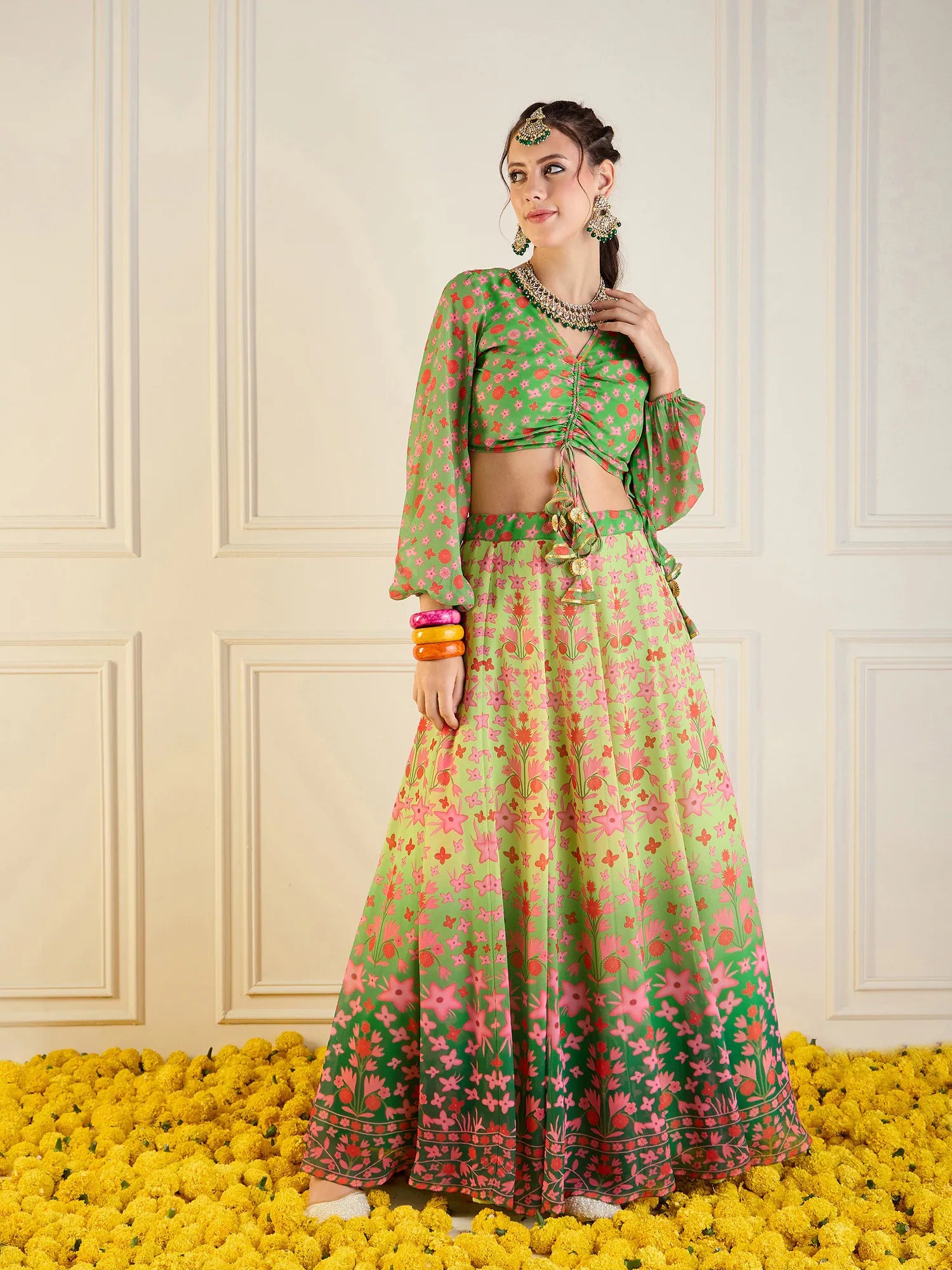 Women Green Floral Anarkali Skirt With Ruching Crop Top-SHSET95947 Wool Fabric Cashmere Fabric Tweed Fabric Women Green Floral Anarkali Skirt With Ruching Crop Top-SHSET95947 Wool Fabric Cashmere Fabric Tweed Fabric