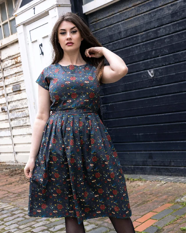 Retro Tattoo Stretch Belted Tea Dress with Pockets Tunics Sophisticated sleek