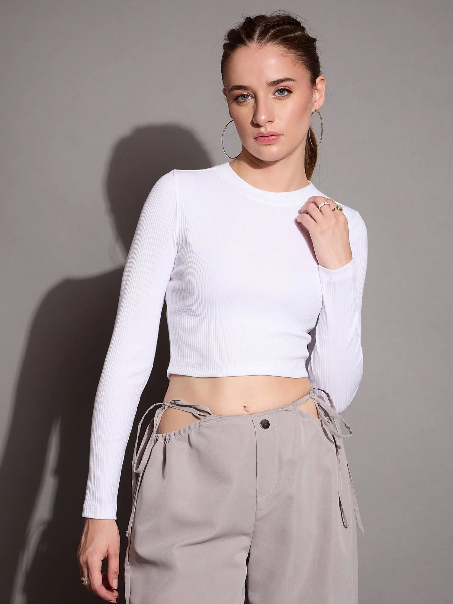Women White Rib Full Sleeve Crop Top-SFTOPS42073 Summer Crop Top Casual Short Sleeve Women White Rib Full Sleeve Crop Top-SFTOPS42073 Summer Crop Top Casual Short Sleeve