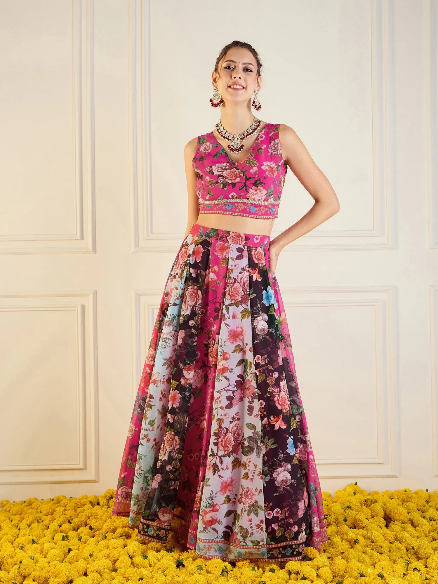 Women Fuchsia & Black Floral Anarkali Skirt With Crop Top-SHSET95949 Ribbed Crop Top High Neck Heavyweight Women Fuchsia & Black Floral Anarkali Skirt With Crop Top-SHSET95949 Ribbed Crop Top High Neck Heavyweight