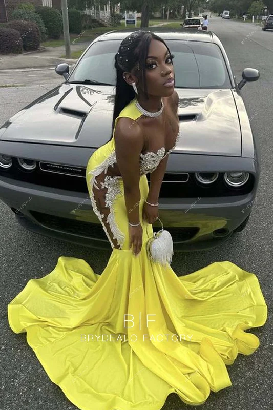 Sexy Illusion Neck Beaded Lace Yellow Jersey Mermaid Prom Gown Exclusive Jersey Tee