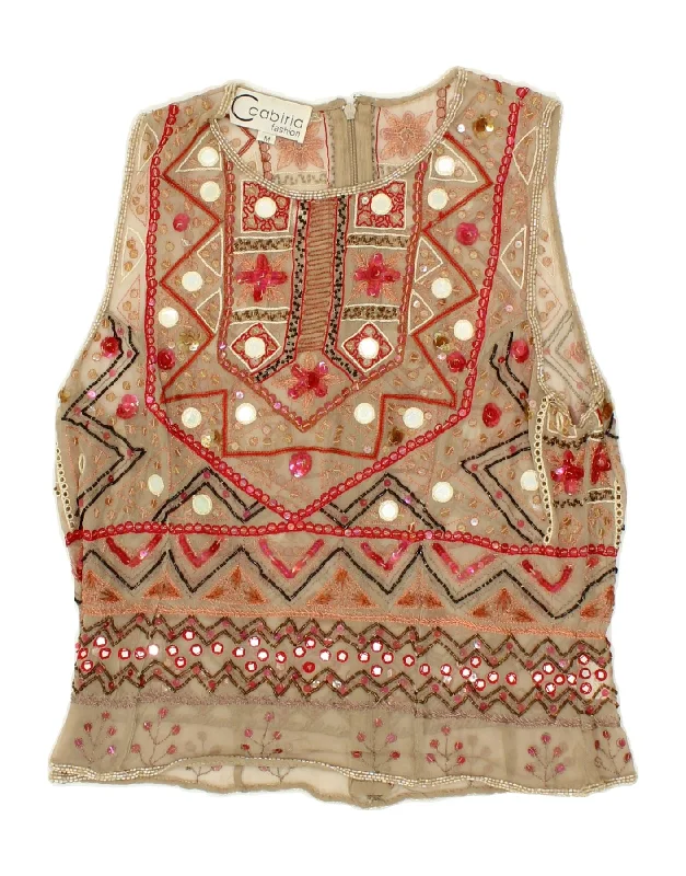 VINTAGE Womens See Through Sleeveless Crop Top UK 12 Medium Beige Welt Pockets Slit Pockets Flap Pockets VINTAGE Womens See Through Sleeveless Crop Top UK 12 Medium Beige Welt Pockets Slit Pockets Flap Pockets
