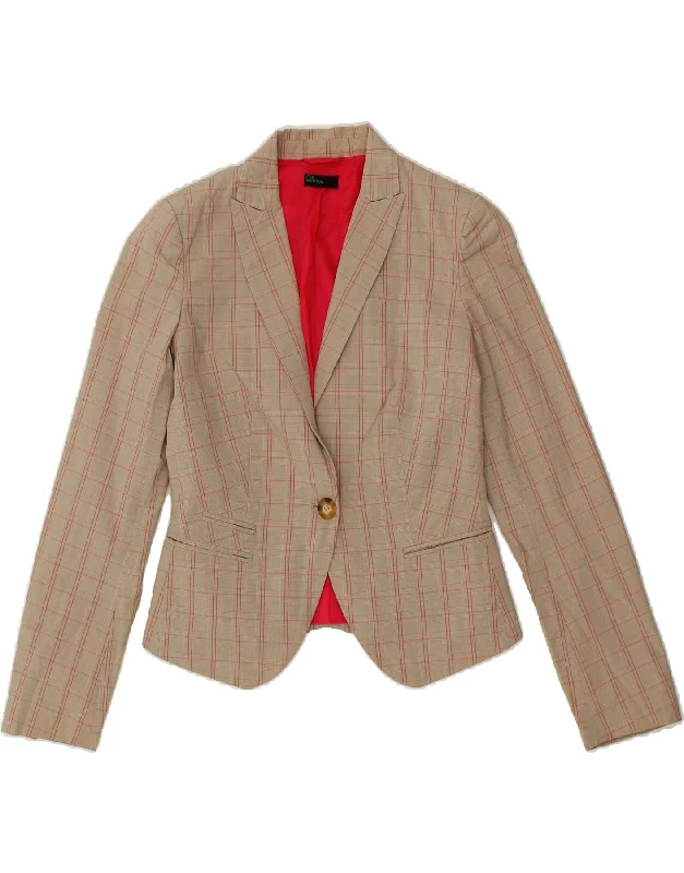 BENETTON Womens Loose Fit 1 Button Blazer Jacket UK 6 XS Beige Check Cotton Fabric Linen Fabric Terry Fabric BENETTON Womens Loose Fit 1 Button Blazer Jacket UK 6 XS Beige Check Cotton Fabric Linen Fabric Terry Fabric