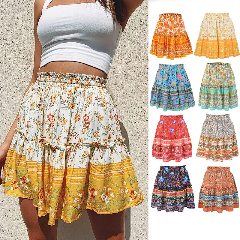 Vireous Bohemian Flower Print Mini Skirt, High Waist Ruffle Skirt silk skirt lustrous Vireous Bohemian Flower Print Mini Skirt, High Waist Ruffle Skirt silk skirt lustrous
