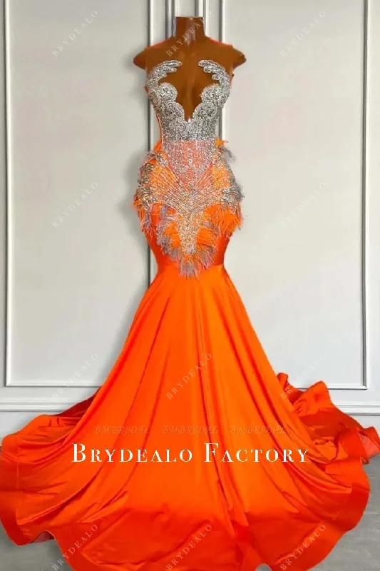 Luxury Rhinestones Orange Jersey Feather Mermaid Prom Gown Retro Jersey Tee