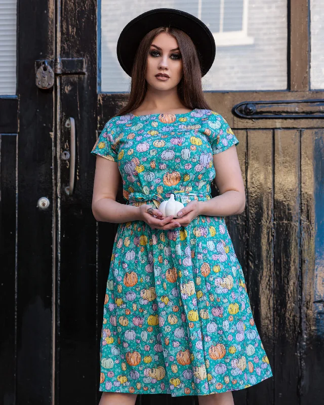 Halloween: Pumpkin Patch Stretch Belted Tea Dress with Pockets Pencil Office Professional
