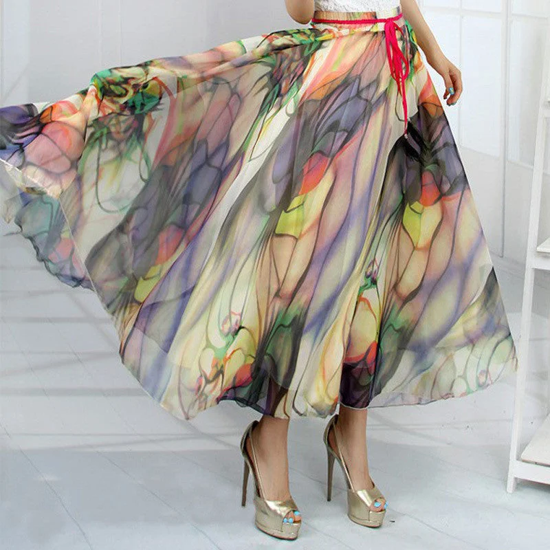 19 Patterns Peacock Feather Fake Silk Elastic Waist Big Bottom Printed Bohemia Skirt Women Full Long Chiffon Skirt lace skirt elegant 19 Patterns Peacock Feather Fake Silk Elastic Waist Big Bottom Printed Bohemia Skirt Women Full Long Chiffon Skirt lace skirt elegant