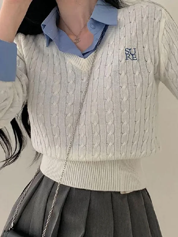 Long Sleeve V-Neck Lettering Embroidered Cable-Knit Crop Top Elasticated Padded Insulated Long Sleeve V-Neck Lettering Embroidered Cable-Knit Crop Top Elasticated Padded Insulated