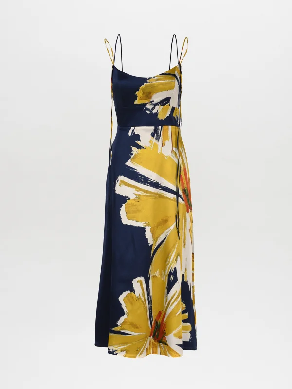 Lizzo Dress Navy Floral Brushstrokes Turtleneck Neckline Stylish