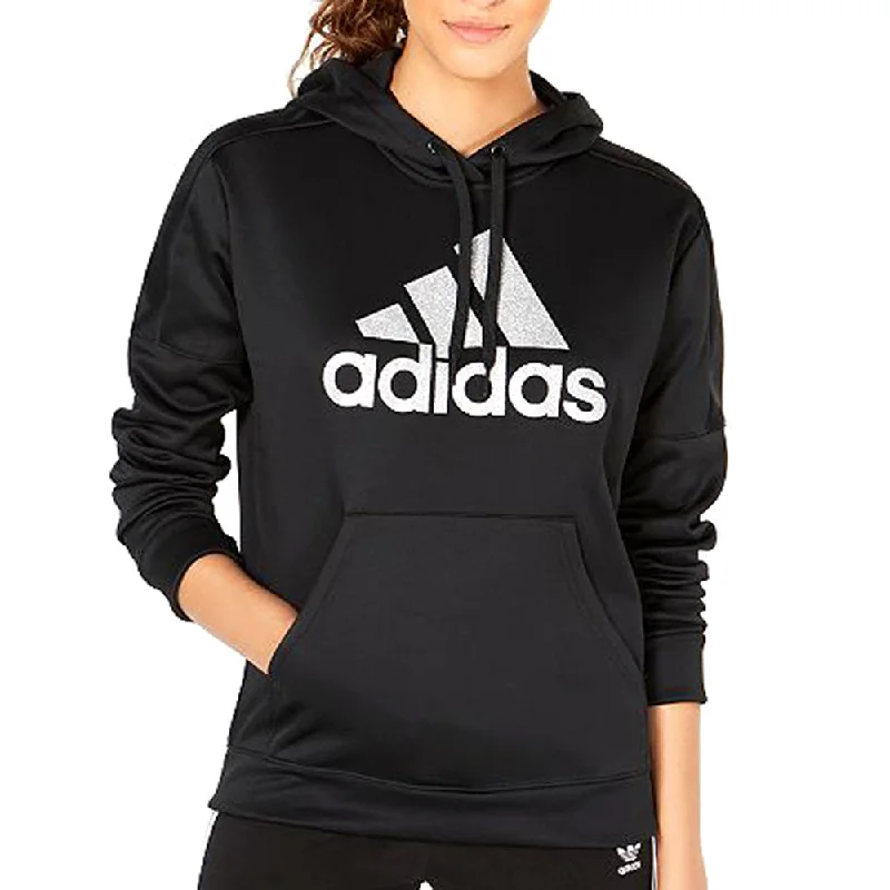 Adidas Women's Originals Shine Logo Hoodie Black Hoodie with Hem Patch Decorative Personalized Adidas Women's Originals Shine Logo Hoodie Black Hoodie with Hem Patch Decorative Personalized