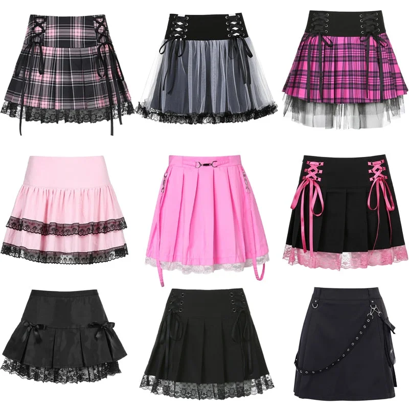 Gothic Lace Mini Pleated Skirt Women Punk Aesthetic High Waist A-Line Short Skirt 90s Vintage Harajuku Streetwear spandex blend skirt Gothic Lace Mini Pleated Skirt Women Punk Aesthetic High Waist A-Line Short Skirt 90s Vintage Harajuku Streetwear spandex blend skirt