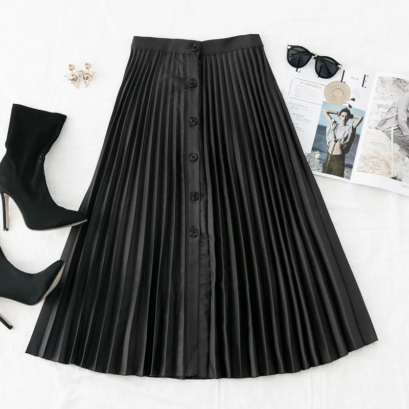 Simplee Chic High Waist Women Pleated Skirt Buttons A-line Autumn Winter Female Midi Skirts Elegant Office Ladies Black Skirts denim skirt trendy Simplee Chic High Waist Women Pleated Skirt Buttons A-line Autumn Winter Female Midi Skirts Elegant Office Ladies Black Skirts denim skirt trendy