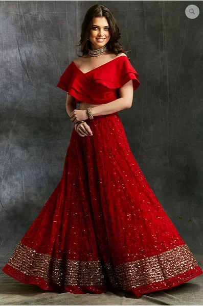 Astha Narang Off Shoulder Crop Top With Red Embroidered Lehenga Notch Collar Peter Pan Collar Cowl Neck Astha Narang Off Shoulder Crop Top With Red Embroidered Lehenga Notch Collar Peter Pan Collar Cowl Neck