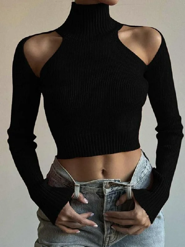Cold Shoulder Black Knit Crop Top Wool Fabric Cashmere Fabric Tweed Fabric