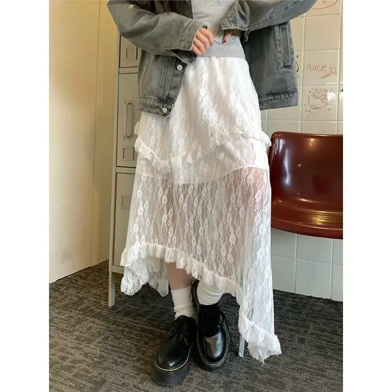 White Lace Asymmetrical Skirt Women Fairycore Sweet Vintage Mid Irregular Skirt Korean Style Aesthetic Ruffle Skirts chiffon skirt delicate White Lace Asymmetrical Skirt Women Fairycore Sweet Vintage Mid Irregular Skirt Korean Style Aesthetic Ruffle Skirts chiffon skirt delicate