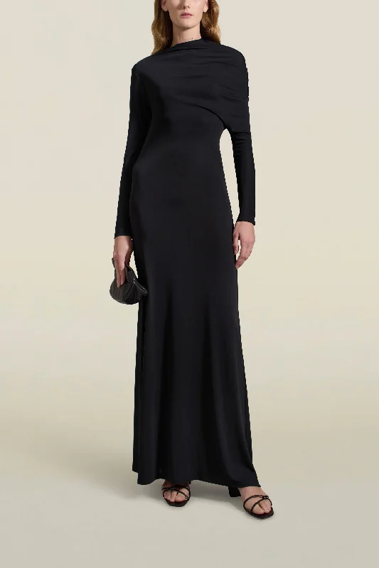 Rue Draped Gown in Black Slinky Jersey Sustainable Jersey Tee