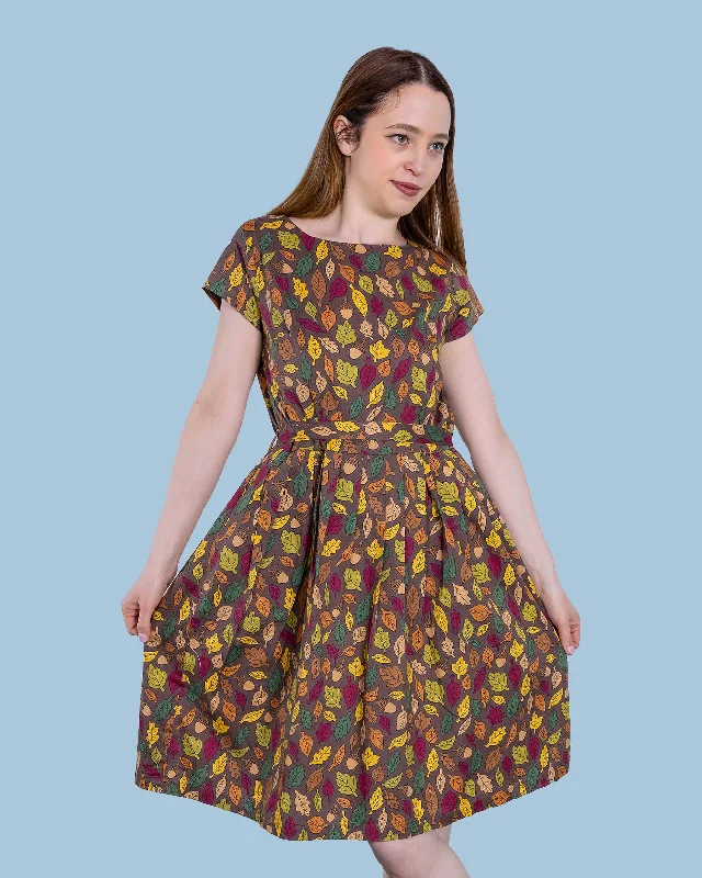 Autumn Leaves Stretch Belted Tea Dress with Pockets Tunics Summer linen