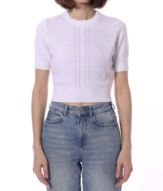 Short Sleeve Cropped Center Cable Sweater In White Graphic Sweater Embroidered Appliqued Short Sleeve Cropped Center Cable Sweater In White Graphic Sweater Embroidered Appliqued