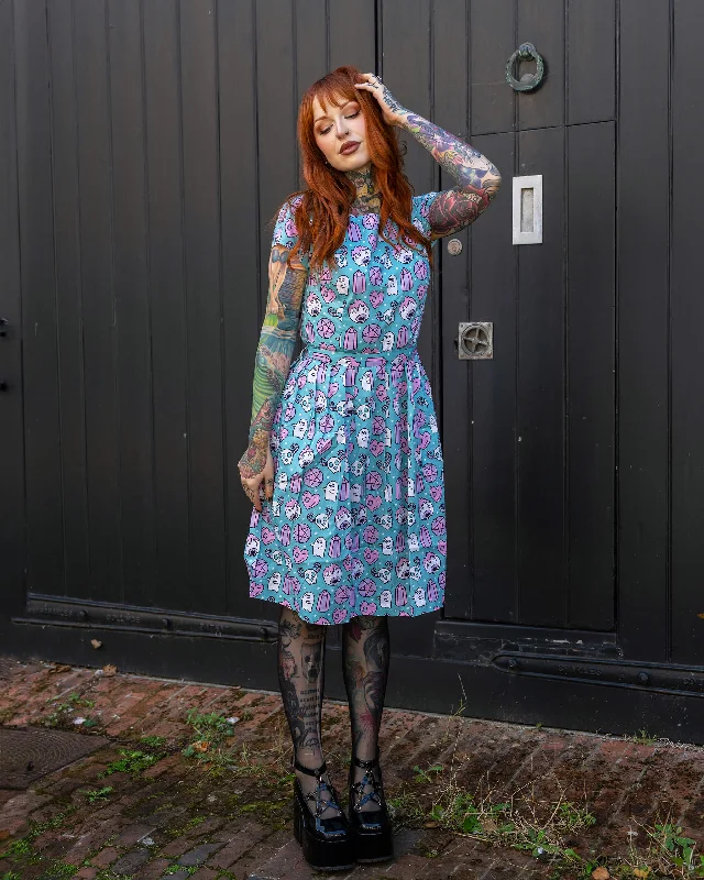 Halloween: Pretty Spooky Stretch Belted Tea Dress with Pockets Boat Neckline Classic Halloween: Pretty Spooky Stretch Belted Tea Dress with Pockets Boat Neckline Classic