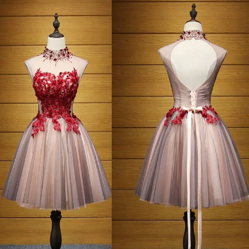 Short Homecoming Dress, Tulle Homecoming Dress, High Neck Homecoming Dress, Applique Junior School Dress, Beading Graduation Dress, Knee-Length Homecoming Dress, LB0572 Floral Print girly