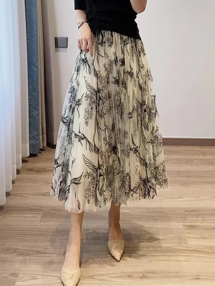 Women Flocking Flower Bird Tulle Gauze Skirt Elegant Sweet Elastic Waist Midi Floral Mesh Skirt corduroy skirt comfortable Women Flocking Flower Bird Tulle Gauze Skirt Elegant Sweet Elastic Waist Midi Floral Mesh Skirt corduroy skirt comfortable