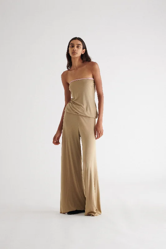 1970s Halston Taupe Jersey Jumpsuit Hemp Jersey Tee