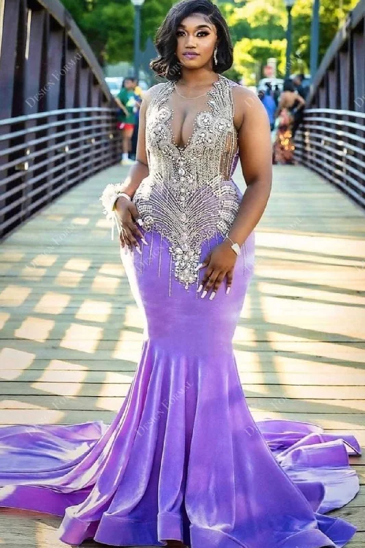 Luxury Beaded Plunging Lilac Jersey Made-to-Order Mermaid Gown Seasonal Jersey Tee