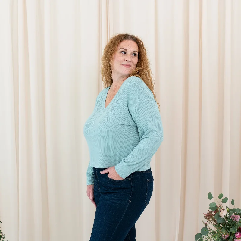 Women's Ribbed Long Sleeve Crop Top in Glacier Spandex Blend Rayon Blend Denim Blend Women's Ribbed Long Sleeve Crop Top in Glacier Spandex Blend Rayon Blend Denim Blend