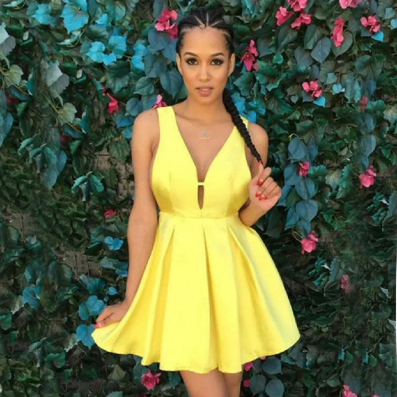 Short Sexy Yellow Homecoming Dress, Satin A-Line Knee-Length Homecoming Dress, D1390 Tunics Custom made Short Sexy Yellow Homecoming Dress, Satin A-Line Knee-Length Homecoming Dress, D1390 Tunics Custom made