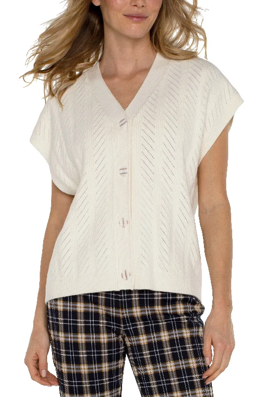 SLEEVELESS CARDI BUTTON FRONT SWEATER VEST - CREAM Denim Fabric Leather Fabric Suede Fabric