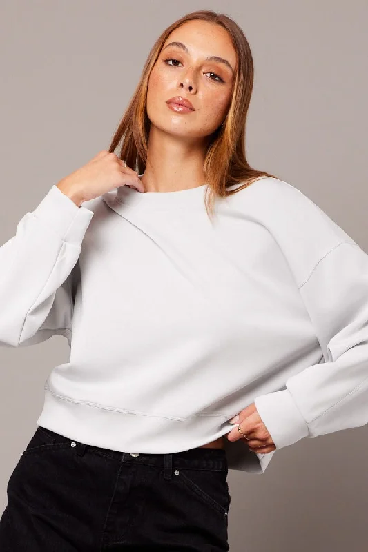 Grey Crop Sweater Long Sleeve Oversized Embroidered Appliqued Beaded