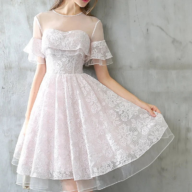 Short Homecoming Dress, Tulle Homecoming Dress, Short Sleeve Homecoming Dress, Lace Junior School Dress, Knee-Length Homecoming Dress, Cute Homecoming Dress, LB0675 Tunics Yoga stretchy