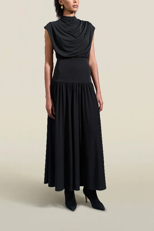 Victoria Draped Gown in Black Slinky Jersey Recycled Jersey Tee