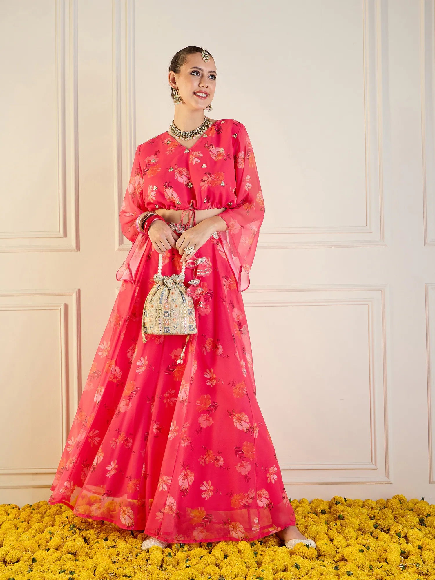 Women Fuchsia Floral Anarkali Skirt With Front Dori Crop Top-SHSET95954 Crop Top Seamless Stretchy Women Fuchsia Floral Anarkali Skirt With Front Dori Crop Top-SHSET95954 Crop Top Seamless Stretchy