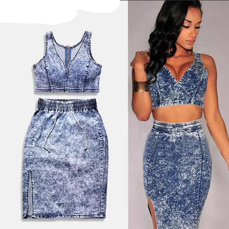 Sexy Denim Crops Tops And Skirt 2 Piece Set Deep V Neck High Waist Elastic Snowflakes Package Hip Corset Hollow-Out Set velvet skirt luxury Sexy Denim Crops Tops And Skirt 2 Piece Set Deep V Neck High Waist Elastic Snowflakes Package Hip Corset Hollow-Out Set velvet skirt luxury