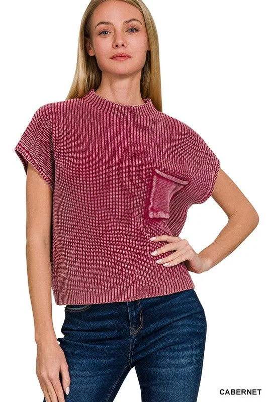 WASHED MOCK NECK SHORT SLEEVE CROPPED SWEATER, 2 Colors Satin Blend Silk Blend Wool Blend WASHED MOCK NECK SHORT SLEEVE CROPPED SWEATER, 2 Colors Satin Blend Silk Blend Wool Blend